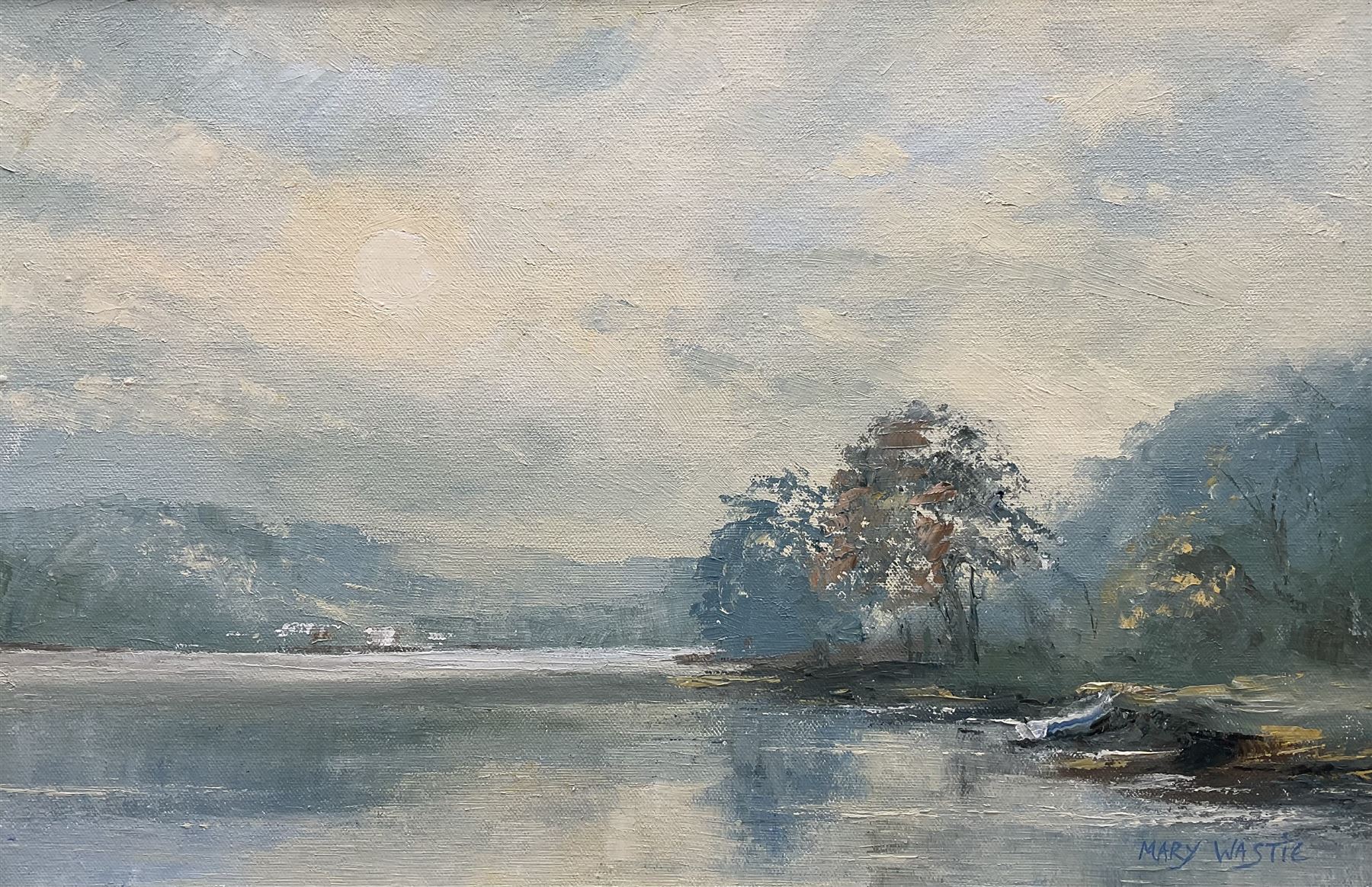 Mary Wastie (Cornish 1935-): Sunshine Over a Lake, oil on canvas signed 29cm x 44cm