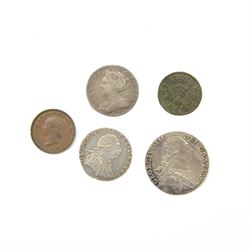 Queen Anne 1711 silver sixpence, George III 1787 shilling, 1787 sixpence, Queen Victoria 1...