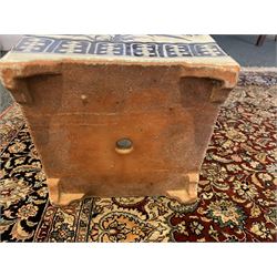 Chinese blue and white planter and stand, each of square slightly tapering and flared form, the planter decorated with two dragons and blossoming peonies, between stylised borders, the stand decorated with flower heads and vines, planter H30cm W29cm, stand H7cm D28.5cm