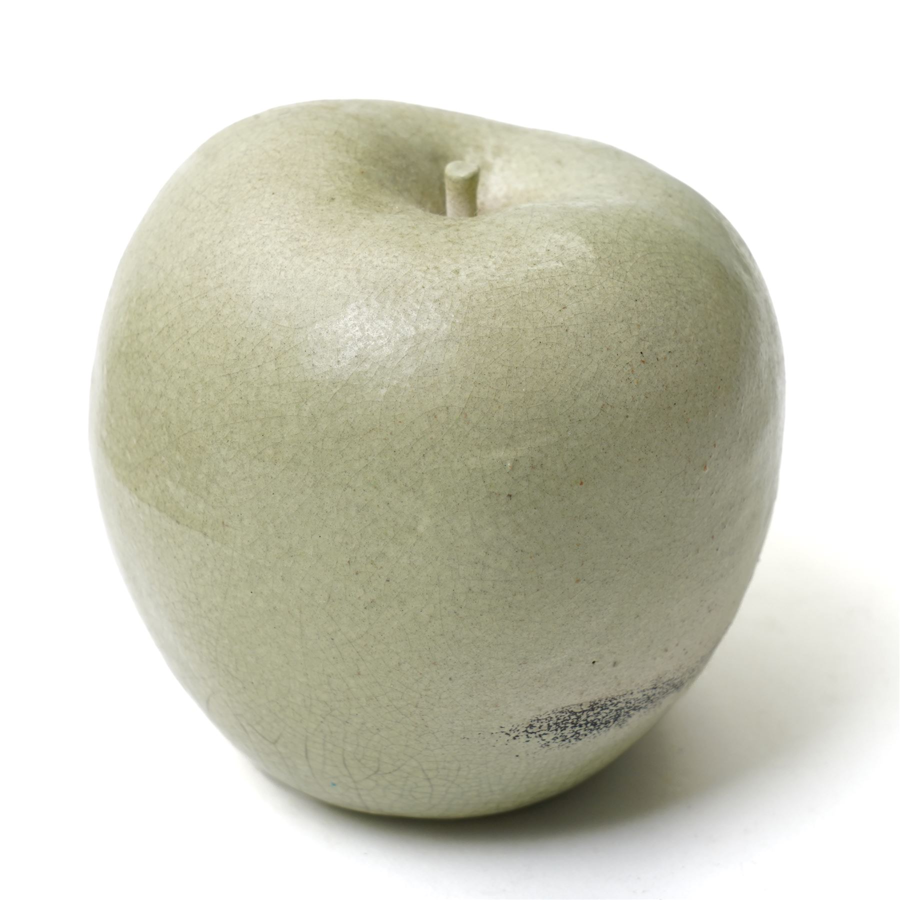 Collection of ceramic fruit and vegetables, including raku examples, comprising two walnuts, three mushrooms, one garlic bulb, a pear and an apple