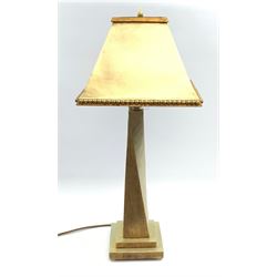 A two tone gilt table lamp, with twisted stem upon a square stepped base, supporting a conforming square tapering shade, overall H73cm. 