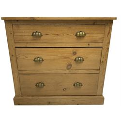 19th century pine chest, fitted with three long drawers, with pressed brass handles, on skirted base