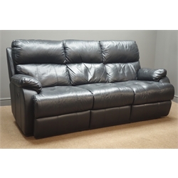  Three seat manual reclining sofa (W200cm), and matching electric reclining armchair upholstered in black leather (This item is PAT tested - 5 day warranty from date of sale)  