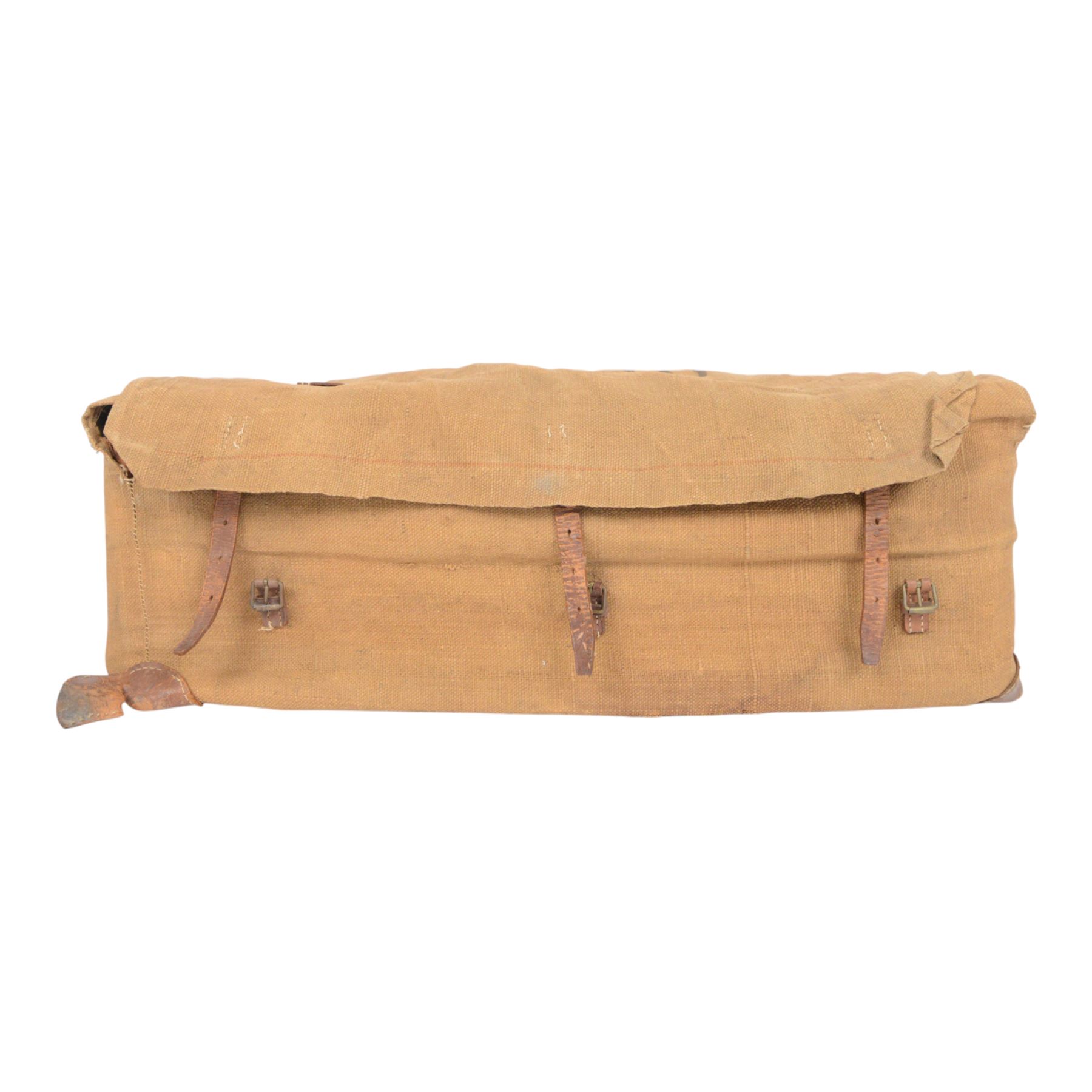 WWII Japanese Officer's leather trunk or Kori, the interior with document compartment,  within a canvas cover the top printed with the officers name, H26cm L70cm