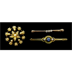 Edwardian gold split seed pearl pendant brooch, gold diamond and sapphire brooch stamped 15c and a gold three stone diamond brooch