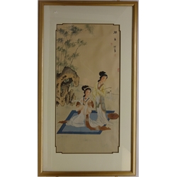  Oriental silk painting depicting two Female Figures in a Rural Landscape 76.5cm x 37.5cm  