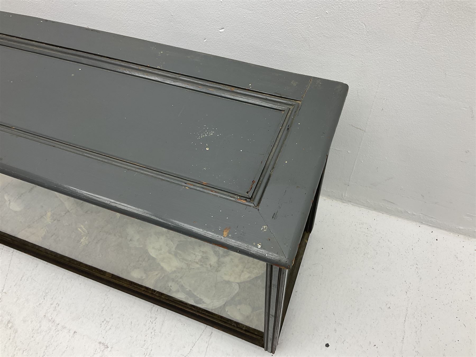 Taxidermy: 19th century cased display Red Fox (Vulpes vulpes) with pray, weasels (Mustela), Great Crested Grebe (Podiceps cristatus), and other birds in a naturalistic setting against a painted backboard, encased within an ebonised three pane display case, H56cm D38cm W113cm