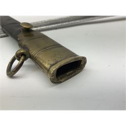 Five-ball spadroon sword with 78.5cm fullered steel blade and brass hilt with fluted swollen grip; in brass mounted leather scabbard, the locket with traces of the makers name John Knubley 11 Charing Cross L97.5cm overall