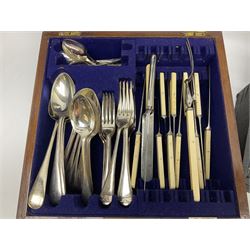 Walker & Hall silver-plate part canteen of cutlery, together with hallmarked silver cutlery comprising pair of Robert Pringle & Sons teaspoons, fork and butter knife, and silver handled knife and fork, cased set of Walker & Hall fish servers with simulated bone handles, and quantity of silver-plate and other cutlery
