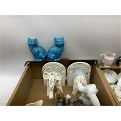 Assorted ceramics, to include group of Brixton pottery decorated with elephants, pair of turquoise glazed cat figures, pair of elephant book ends, various tea wares, etc., in two boxes 