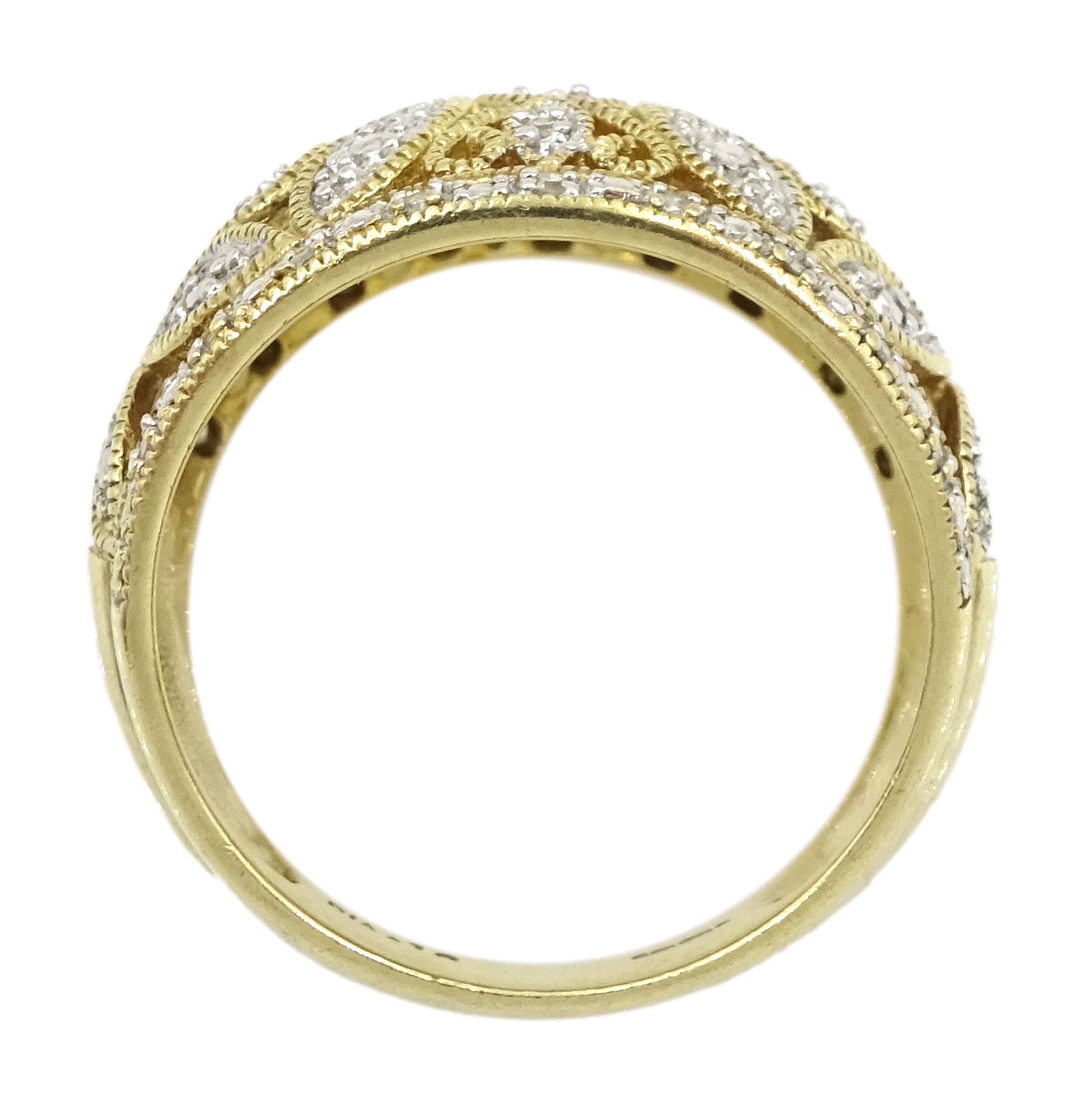 9ct white and yellow gold diamond chip, pierced openwork design ring, hallmarked