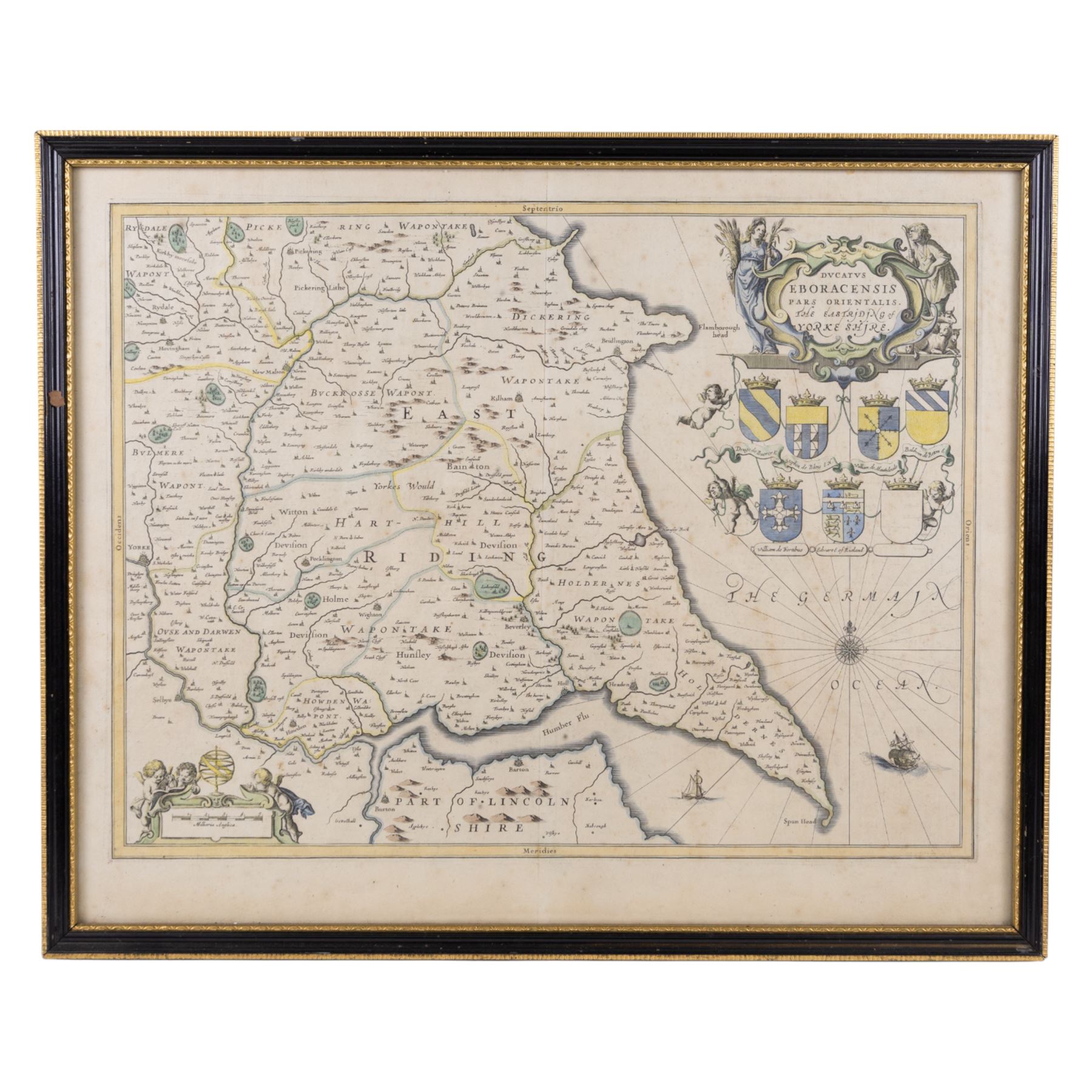 Jansson (Jan) 'East Riding of Yorke Shire', 17th Century hand coloured map with figural scale, title cartouche and armorials 44cm x 54cm; Daniel Meisner 'Hull in Engellandt', monochrome engraved map of Kingston upon Hull for Eberhard Kieser's 'Politisches Schatzkastlein' pub. c1620 11cm x 15.5cm; 18th/early 19th cent. Steeple Chase notice 'List of Horses - Trinity House Stakes at Kingston on Hull 26.5cm x 20.5cm (3)