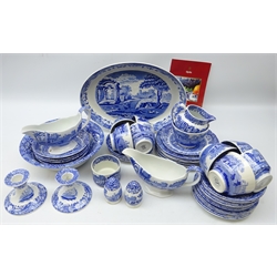 Spode Italian tea and table ware comprising eight cups and saucers, three extra saucers, larger cup and saucer, five tea plates, eight side plates, four dessert bowls, ramekin, salt and pepper, two candlesticks, bowl, oval serving dish, milk jug and two sauce boats (48)  