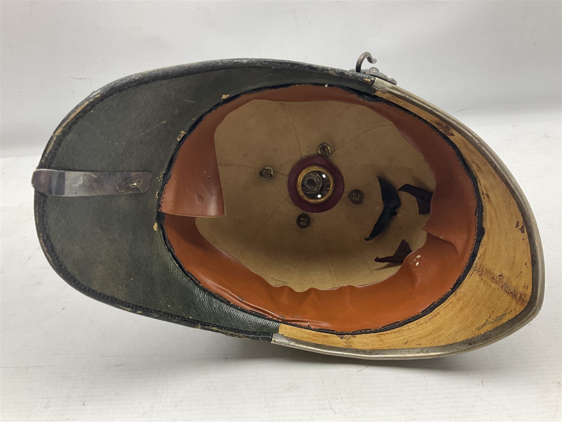 Victorian British Army South Lancashire Regiment 1st Volunteer Battalion other ranks blue cloth home service helmet with helmet plate, spike and chinstrap