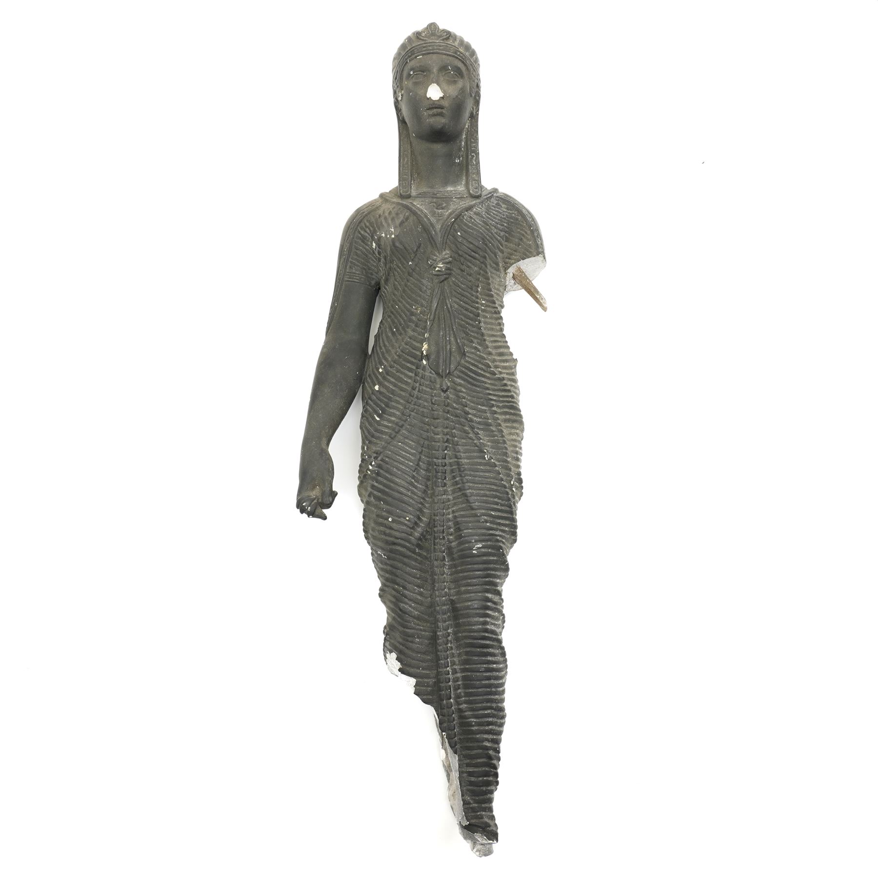 Neoclassical 19th century plaster pedestal, the base cast as two straining Atlantes on a naturalistic rocky base, unmarked, excluding fittings H65cm; together with a set of three plaster figures, cast as Egyptian ladies in headdresses and draped in cloth, by John Dominic Giannelli (1775-1841), the reverse with hieroglyphic decoration, inscribed 'Published as the Act Directed By J D Giannelli 1805', possibly corresponding attachments for the aforementioned pedestal, H62cm 
Provenance: property of a Nobleman