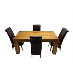 Oak rectangular dining table on square supports, together with set four high back dining chairs