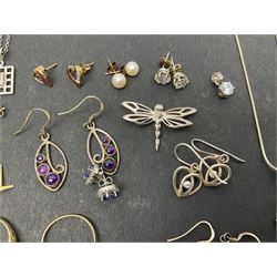 Four pairs of 9ct gold stone set earrings, 9ct gold five stone garnet ring, silver-gilt opal ring, silver jewellery including amber necklace and amethyst earrings etc