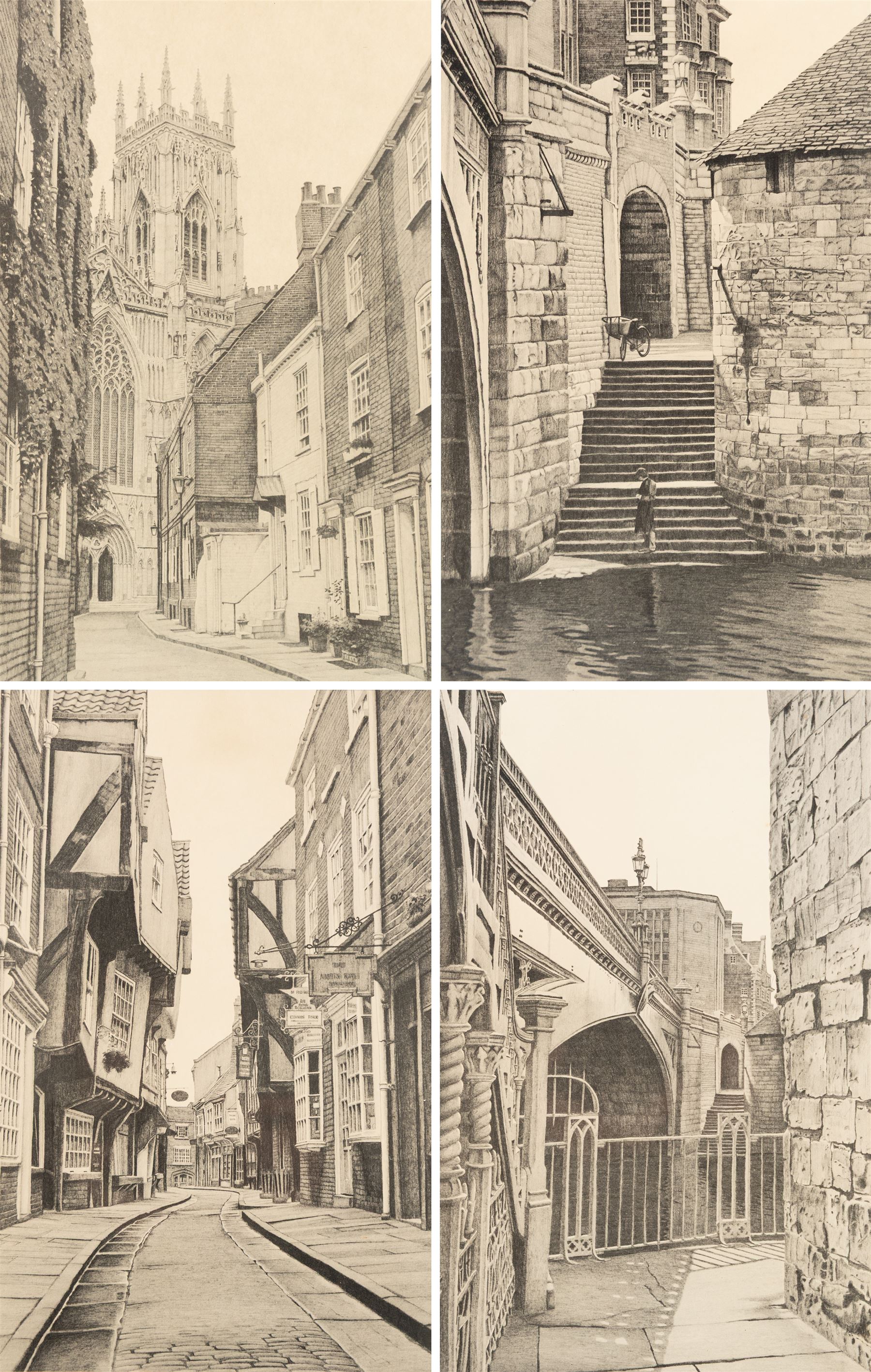 Stuart Walton (Northern British 1933-): York Minster from Precentor's Court, The Shambles - York, View of Lendal Bridge from Dame Judy Dench Walk and Steps Leading from Wellington Row beneath Lendal Bridge to the River Ouse, set of four prints signed with initials and dated '78 in pencil 27.5cm x 17.5cm (4)