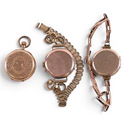 Early 20th century 14ct gold ladies keyless fob watch, stamped K14 with Swiss hallmarks and two early 20th century 9ct gold manual wind wristwatches, one on gilt strap, the other on silver-gilt expanding strap