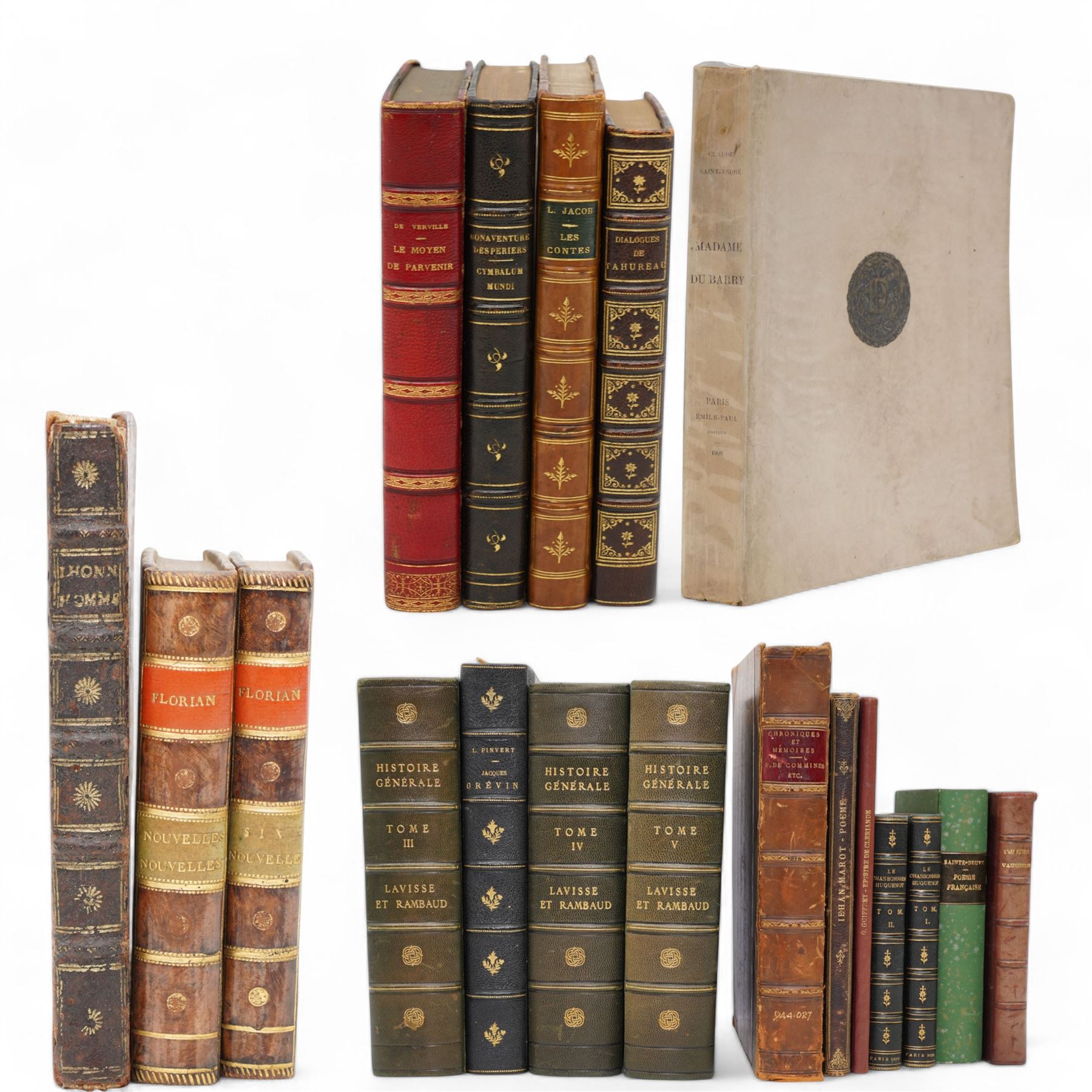 Le Sievre Faret - 'L'Honeste Homme' ou L'Art de Plaire, published in French by Arnould Cotinet, Paris 1660, full calf, J-P de Florian 'Les Six Nouvelles' 1786 and 'Nouvelles Nouvelles' 1792, both in quarter leather Conscience, F -'Les Dialogues de Jacques Tahureau' published Lemere, Paris 1871 in half calf and marbled boards, Berolade de Verville - 'Le Moyen de Parvenir' pub. Garnier Freres 1879, Jacob, Paul - 'Le Cymbalum Mundi' 1841 and 'Les Contes de Bonaventure des Periers' 1843, all published in French and collection of books published in French including H-L Bordier (Ed) - 'Le Chansonnier Hugenot' two volumes 1870, Mace de Villebresme - 'Epistre de Cleriande' limited edition No132, 'Poeme Inedit de Iehan Marot' 1860 and others (11) Saint-Andre, Claude - 'Madame du Barry d'apres les Documents Authentiques' limited edition published in French by Emile- Paul, Paris 1908 No 39/250 soft vellum cover
