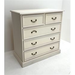 White finish chest fitted with two short and three long drawers, platform base 