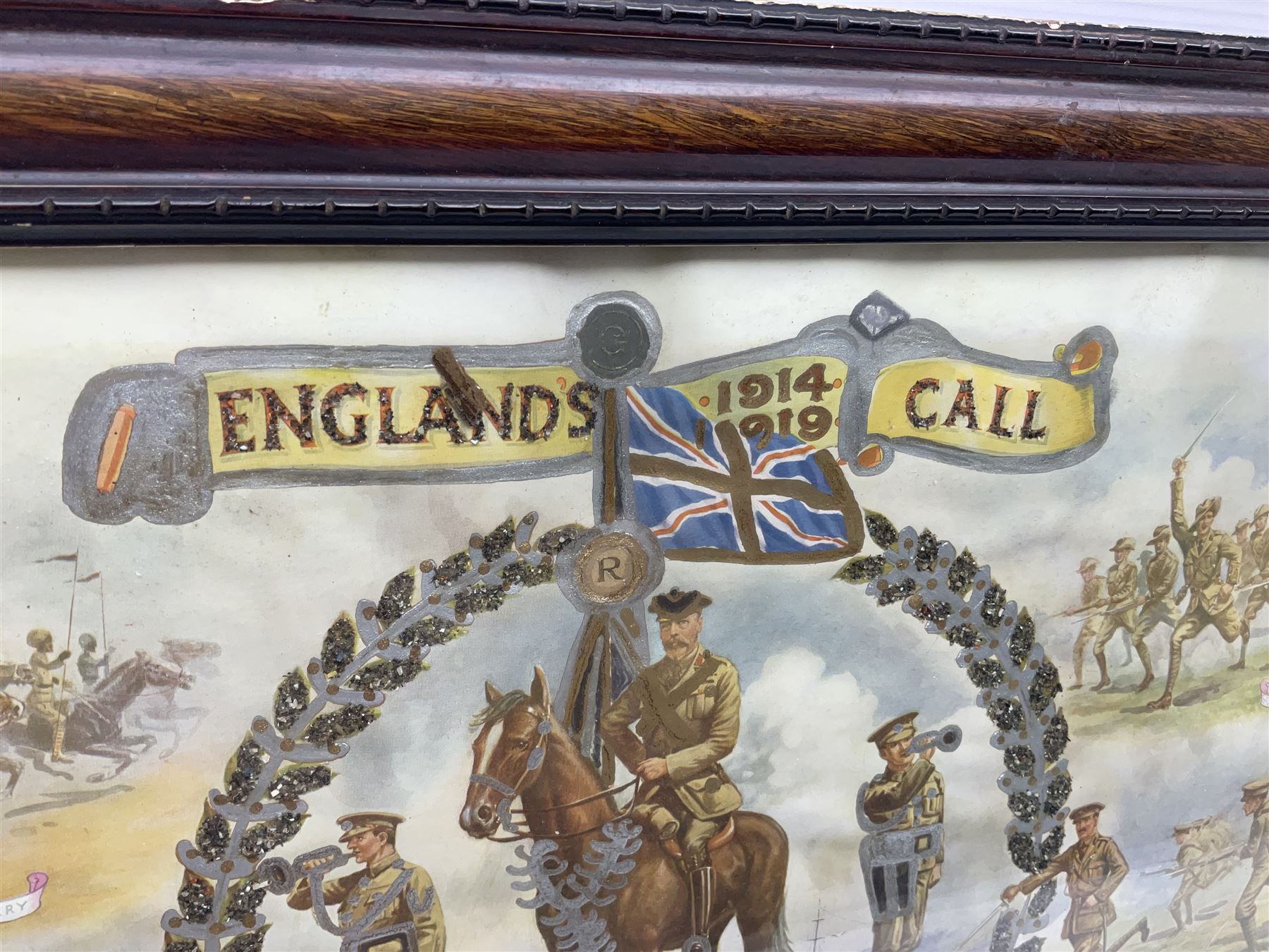 WW1 photogravure print depicting the VC action of Boy (1st Class) John Travers Cornwell mortally wounded in the Battle of Jutland May 31st 1916 34 x 41cm, walnut frame; and WW1 colour print entitled 'England's 1914-1919 Call' in simulated rosewood frame (2)