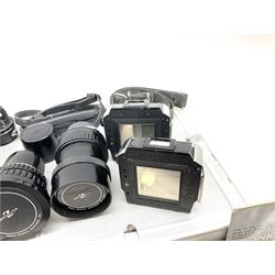 Zenza Bronica S2A medium format camera body, with Zenza Bronica Zenzanon MC '1:2.4 f-80mm' lens, together with Nippon Kogaku Nikkor-P '1:4 f-200mm' lens, Nikkor D.C '1:4 f-40mm' lens, two film backs and other camera equipment, housed in a hard flight case