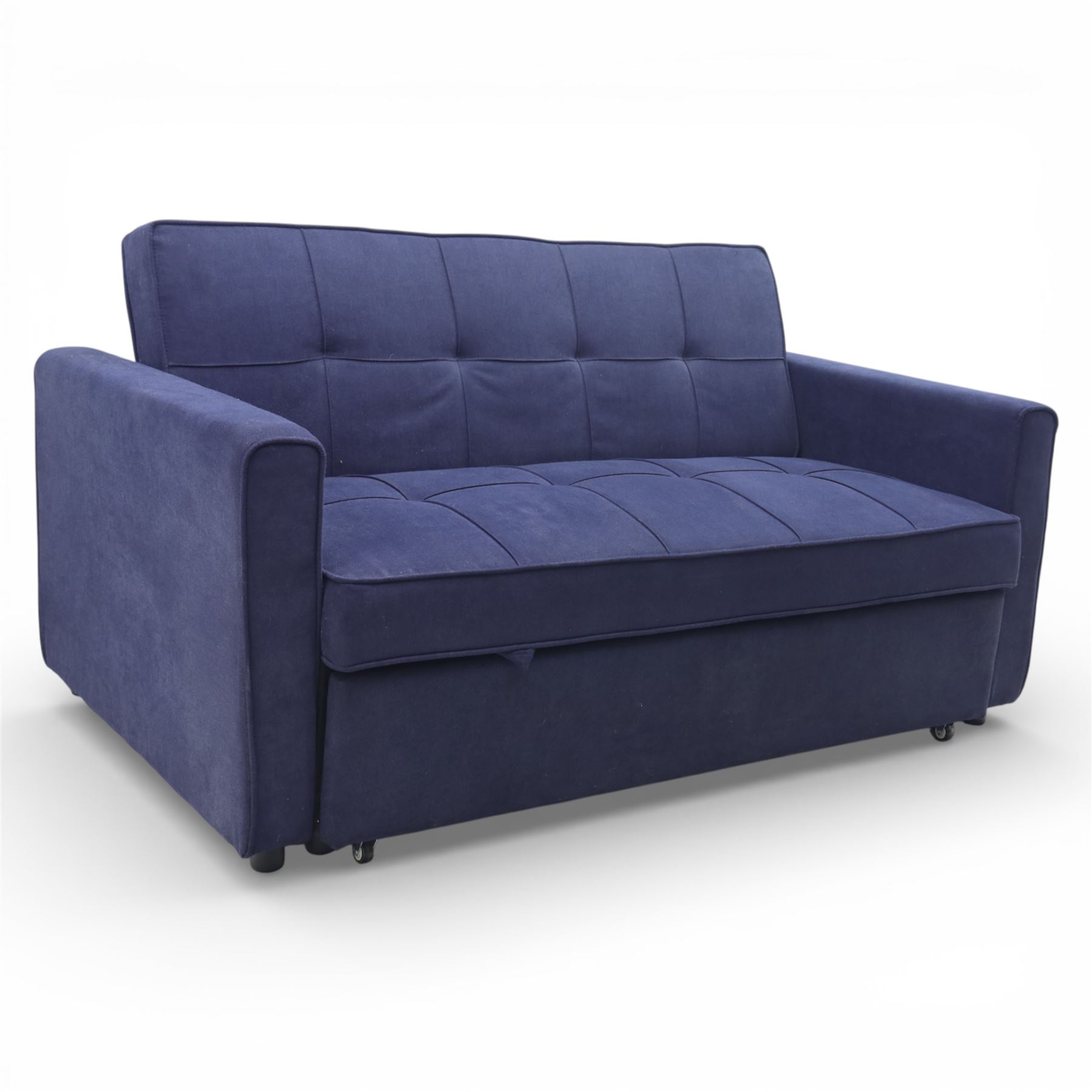 Modern two seat sofa bed upholstered in navy fabric, the rectangular back and seat divided into stitched square panels, with integrated button detailing, straight padded arms of square section, the seat back lowering and extending drawer base to form a sleeping platform