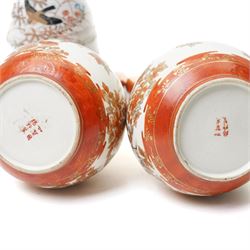 Collection of 19th century Japanese Kutani wares, including two pairs of vases, a twin handled vase painted with elder figures, and one other vase with imitation bamboo feet, painted with birds, largest H23cm (6)