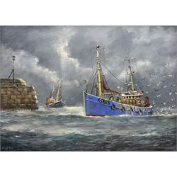 Jack Rigg (British 1927-2023): 'Fishermen' - Grimsby Trawlers Returning to Harbour, oil on canvas signed and dated 2012, titled verso 40cm x 55cm