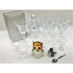 Landham glass paperweight in the form of a duck, together with a glass owl paperweight, Edinburgh Crystal decanter and five wine glasses and other glassware 