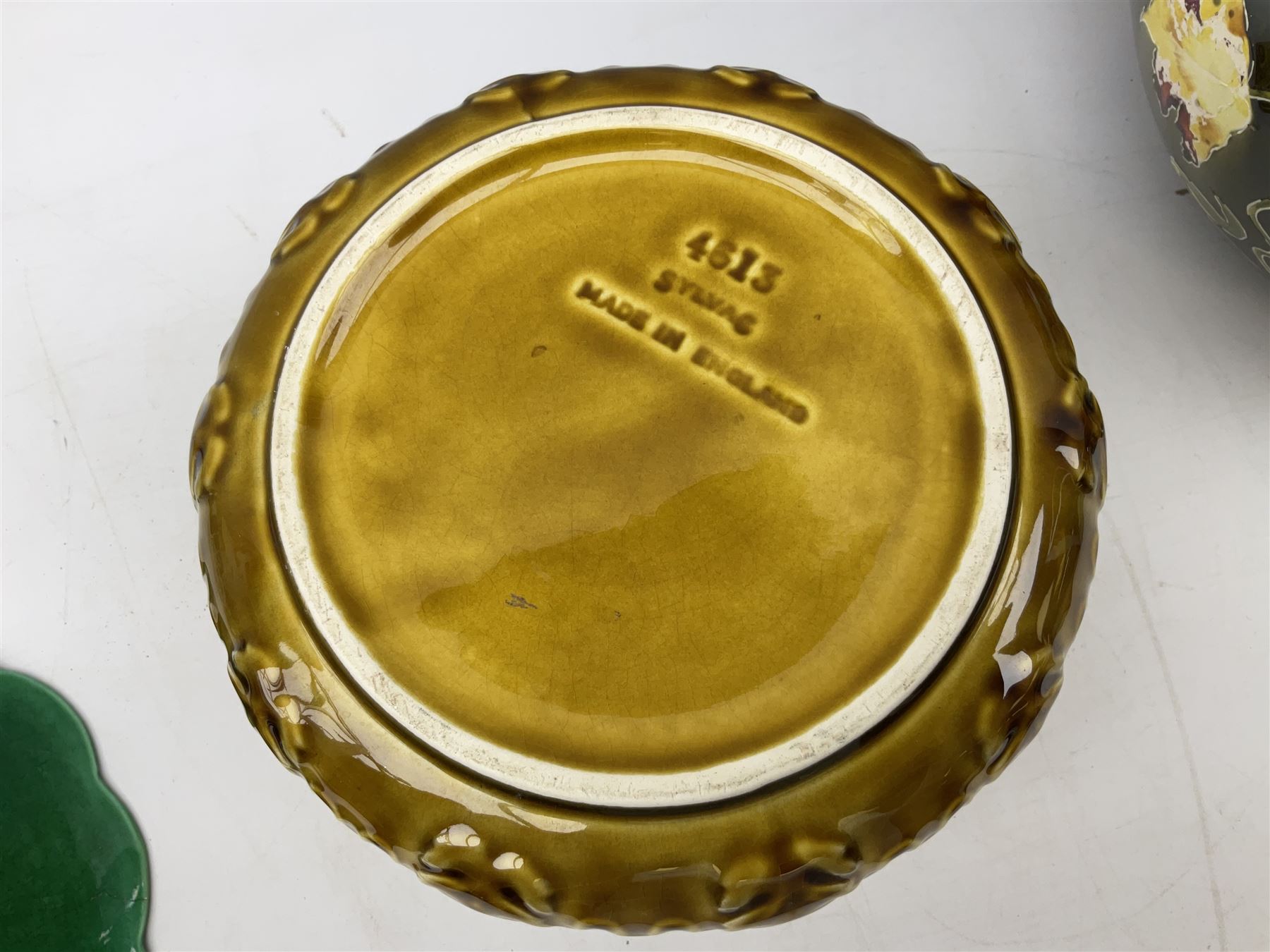 Wedgwood majolica comport, moulded with basket weave and foliage decoration, together with Imperial & Bonn and Sylvac jardinières, sylvac H18cm