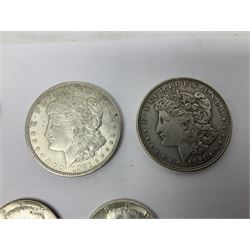 United States of America coinage, including two Morgan dollars dated 1921 and 1921 D, two Liberty dollars dated 1923 and 1926, 1951 half dollar, three Kennedy half dollars dated two 1964 and 1966, five standing Liberty quarter dollar coins dated three 1925, 1926 and 1929 (13)
