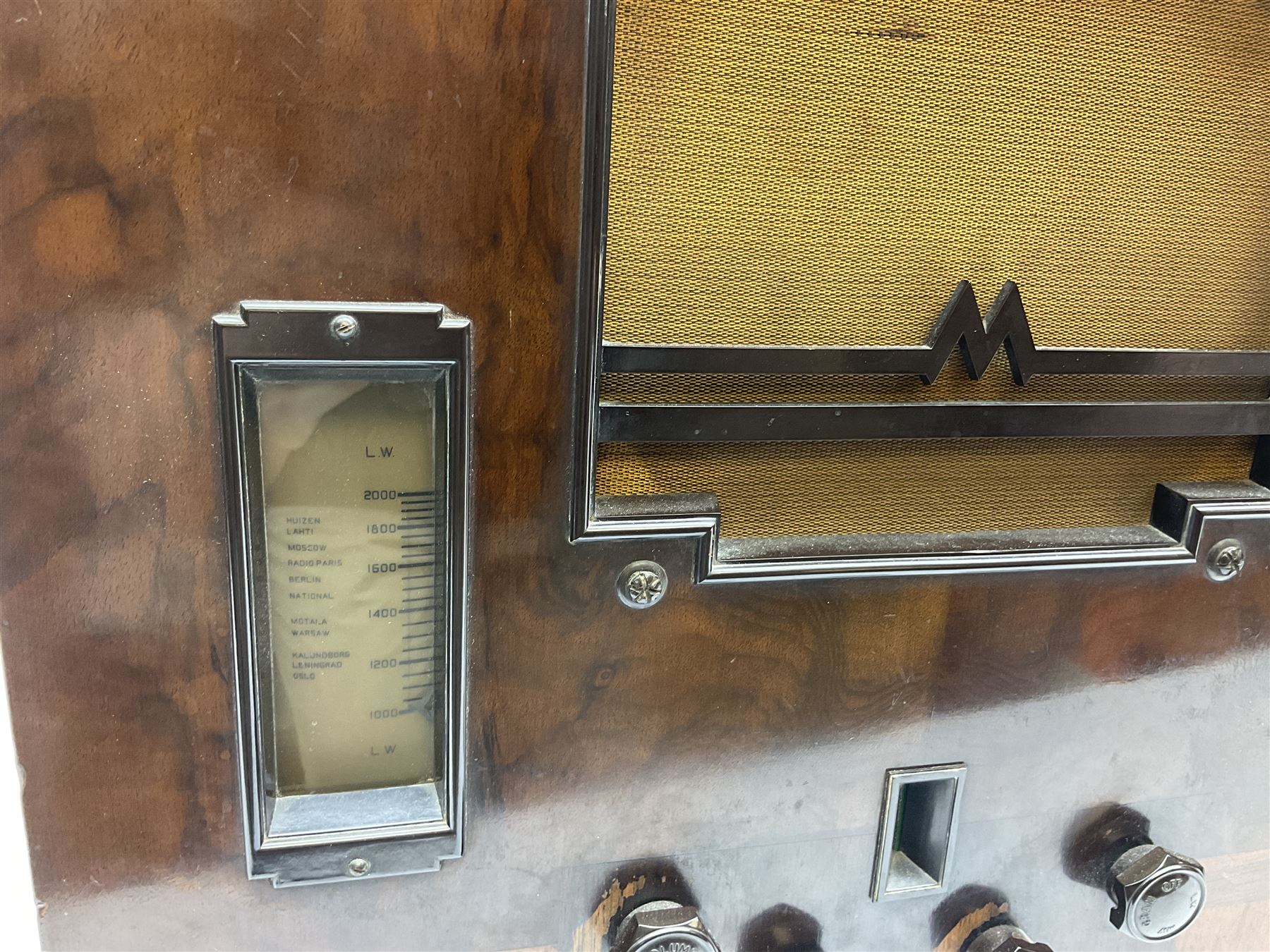 1930s Marconi model 296 valve radio, with Bakelite knobs and trim and 'M' over speaker fret, H40cm W46cm D27cm, together with 1930s Ferguson 702 valve radio with Bakelite knobs, H47cm