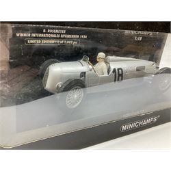 Two Collezione Classico large scale die-cast models of a Ferrari 1972 312P with Racing Fuel Pump and Ferrari 1958 250 Testa Rossa with Road Fuel Pump; and two Minichamps 1:18 scale models of a McLaren Mercedes Racing Car and Auto Union Typ C racing car; all boxed (4)