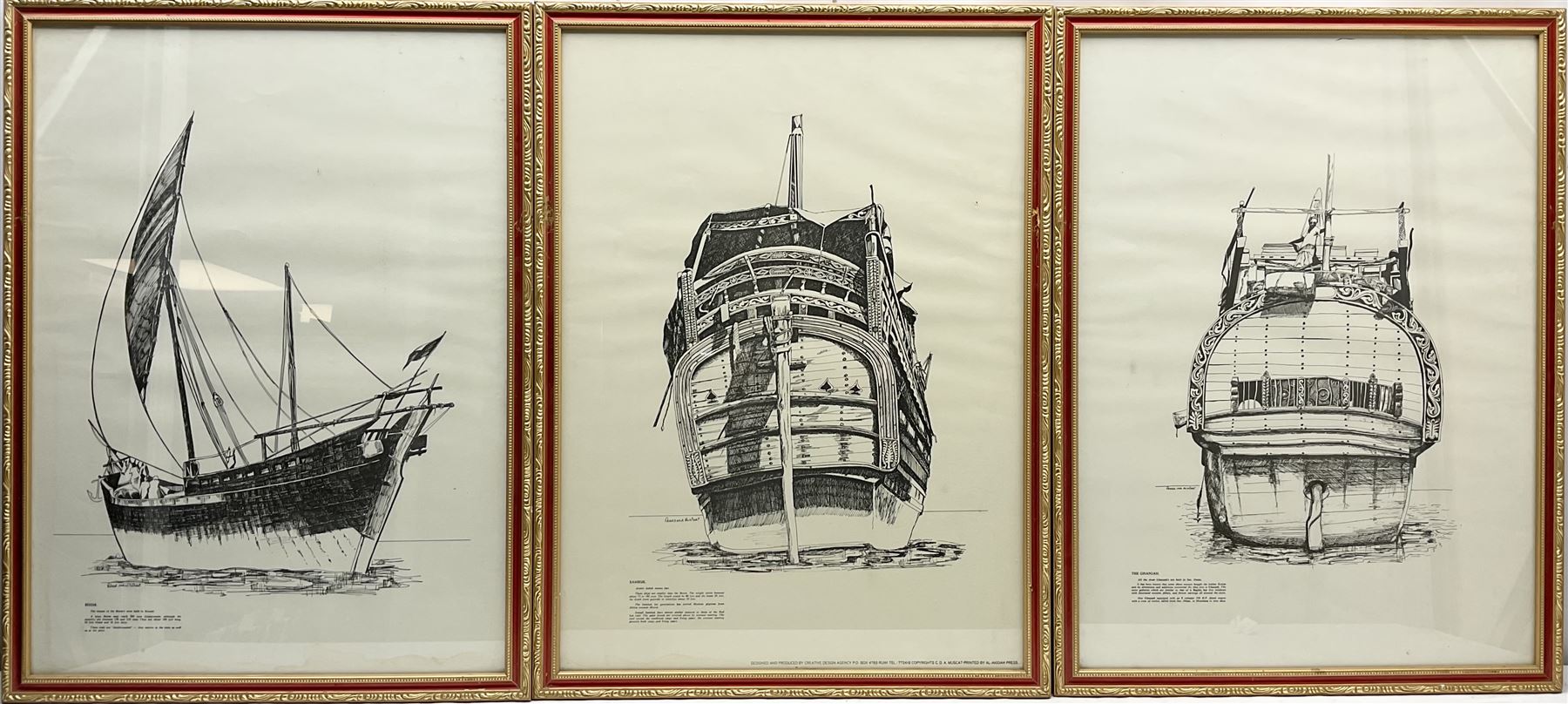 After Fahad MA Al-Hinai (Arabian 20th century): 'The Ghanjah' 'Sambuk' and 'Boom', set three prints of Arabian ships 67cm x 59cm (3)