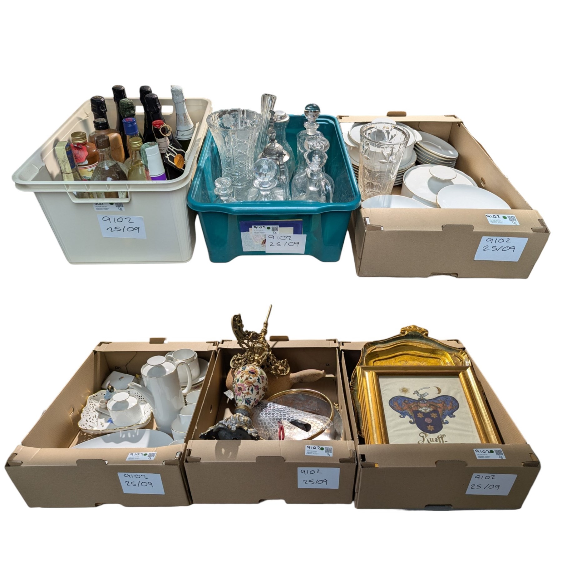 Collection of decanters, painted coat of arms, coffee service, spirits etc, contents in six boxes