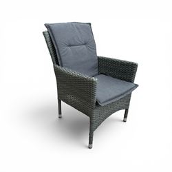 Jutlandia - Rattan garden furniture set with cushions, corner sofa, rectangular glass top table, side table, and two armchairs