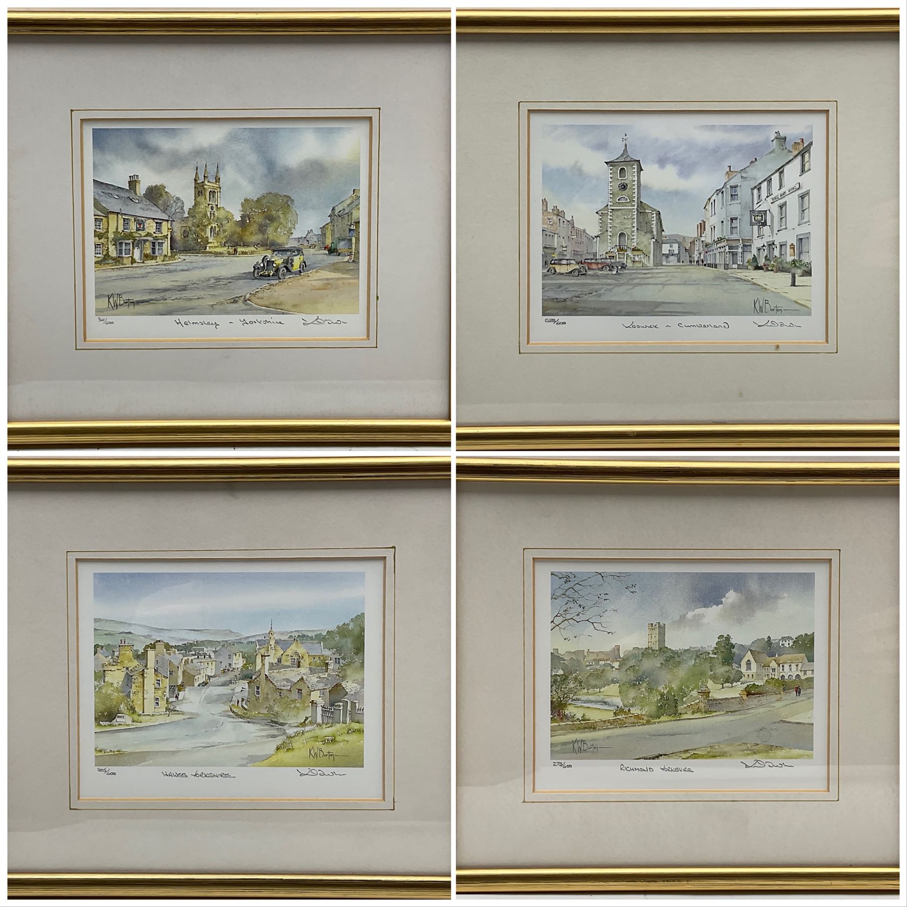 Ken Burton (Northern British contemporary): 'Helmsley Yorkshire'; 'Hawes Yorkshire'; 'Keswick and Cumberland' and 'Richmond Yorkshire', set four limited edition colour prints signed titled and numbered /600, 19cm x 13cm (4)