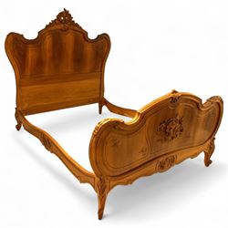 20th century Louis XV design rococo revival walnut double bed, serpentine crested carved h...