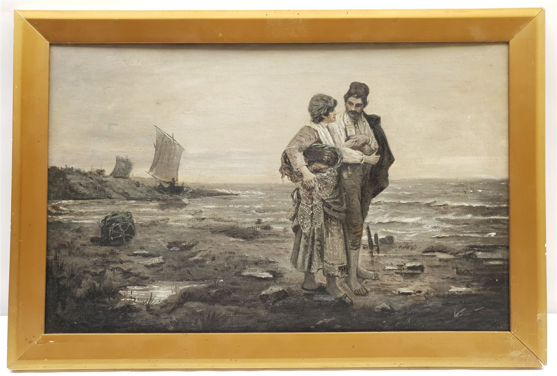 English School (19th century): Fishergirl and Courtier in a Coastal Landscape, oil on canvas en grisaille unsigned 30cm x 47cm