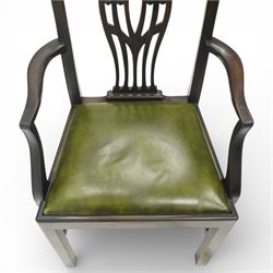 Set of eight Georgian style mahogany dining chairs, comprising six chairs and two carvers, the shaped top rails above pierced vase splats, and green leather upholstered drop in seats, upon square legs united by stretchers