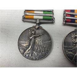 Boer War pair of medals comprising Queens South Africa Medal with two clasps for Paardeberg and Relief of Kimberley and Kings South Africa Medal with two clasps for South Africa 1901 & 1902, awarded to 9752 Dvr. T. Finan A.S.C. with ribbons (2)