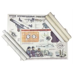 Seven small posters comprising five Soviet military/space programme related subjects including weapon sections; and two reproduction British WW2 recruitment type posters; all unframed (7)