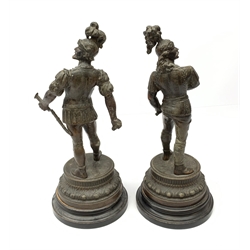 A pair of spelter figures, modelled as warriors, each upon circular stepped base, (a/f), tallest H39cm.
