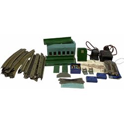 Hornby Dublo - quantity of three-rail track including points, cross-over and controller; boxed and loose buffer stops and switches; various buildings etc