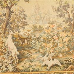Large French Aubusson style verdure tapestry, of 18th century design but later, depicting rural scene with goats, 155cm x 210cm