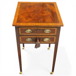 Georgian design inlaid mahogany collectors table, rectangular cross-banded top, fitted with two cock-beaded display drawers with interior glazed tops, with opposing faux drawers, fitted with pressed brass handle plates, on square tapering supports with castors, with keys