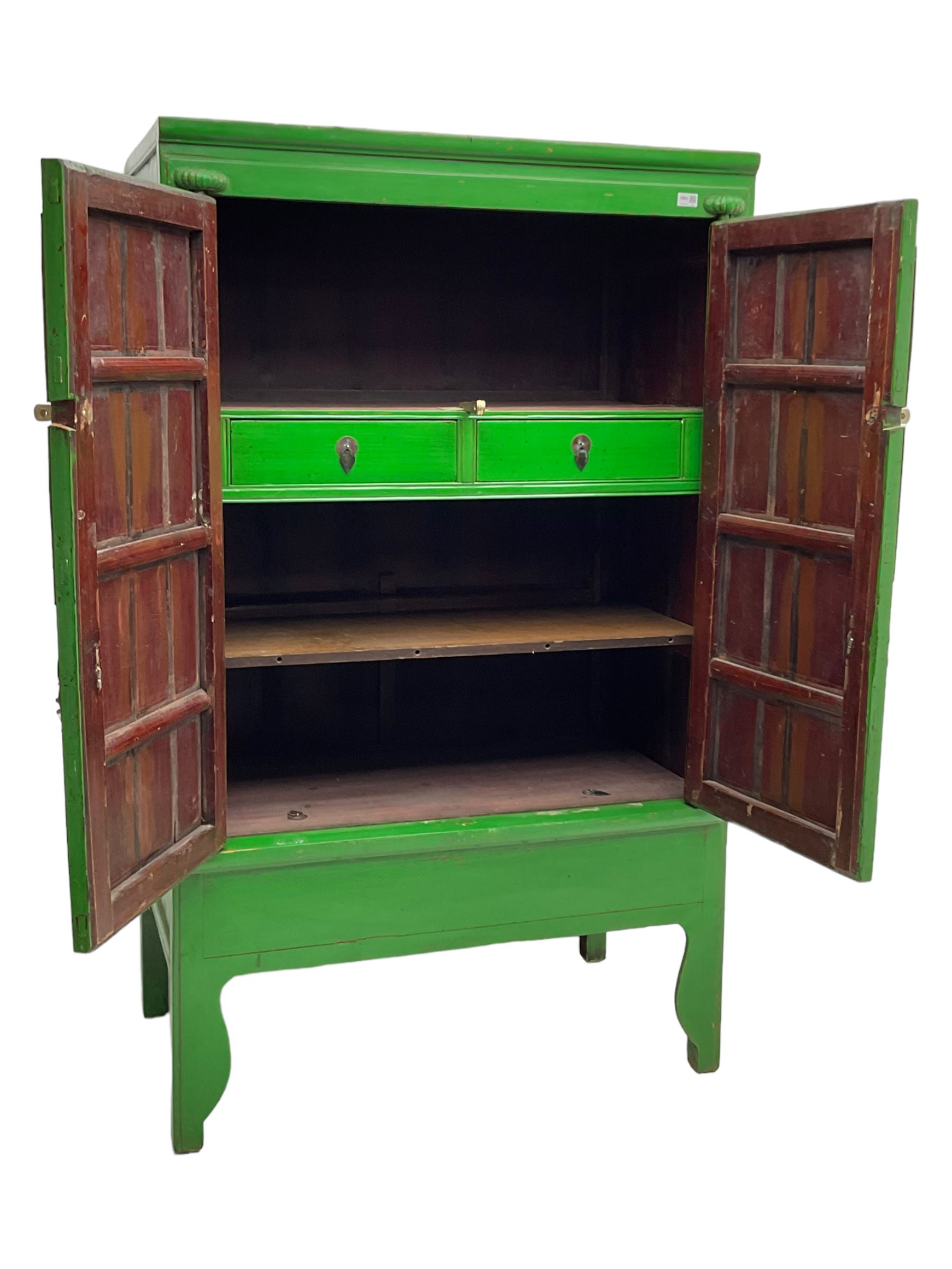 Chinese green lacquered hardwood moon cabinet, two panelled doors with metal mounts decorated with the zodiac animals and traditionally dressed figures, enclosing two drawers and shelves over single secret compartment