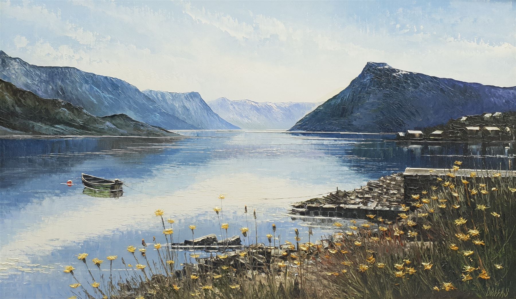 Dallas K Taylor (British 1941-2011): 'Lusterfjord', oil on canvas signed, titled and dated 1993 verso together with After Dawn Matthews (British contemporary): 'Druids Loch', limited edition screen print signed titled and numbered 85/150 max 44cm x 75cm (2)